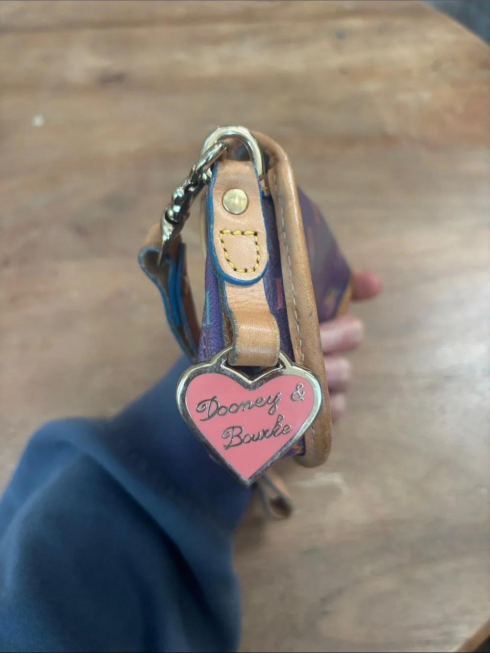 VINTAGE Dooney & Bourke Purple Multicolor Logo Wristlet with Tan Trim